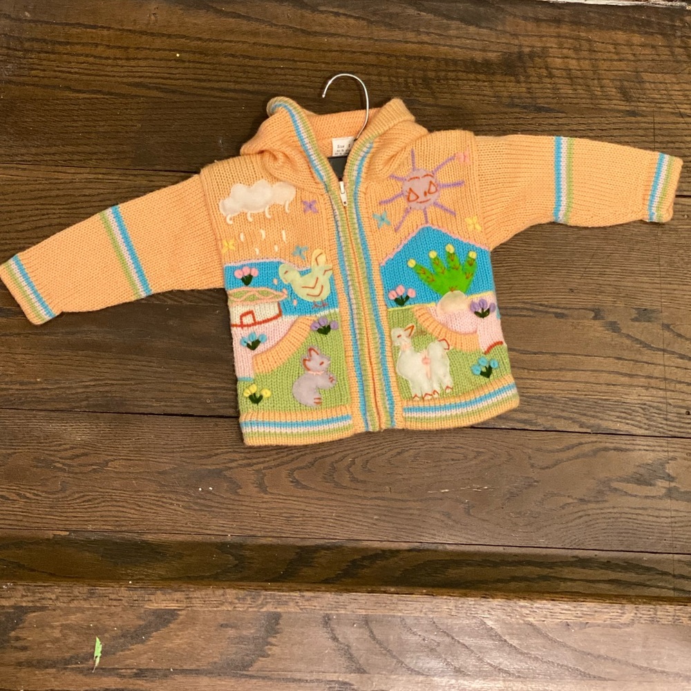 Hand knit crochet zip up sweater with hood. Baby sized 24 months/2.